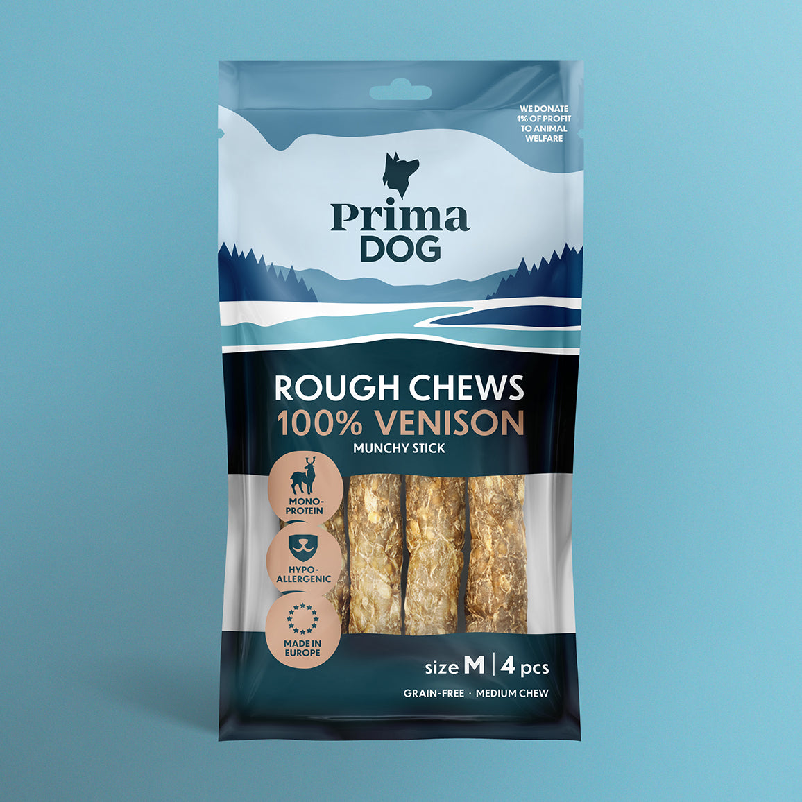 Kuvassa PrimaDogin 100 % peuraa Rough Chew puruluu