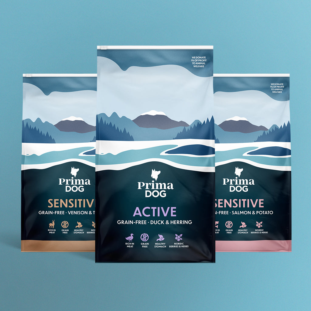 Kuvassa PrimaDogin kuivaruokapakkauksia