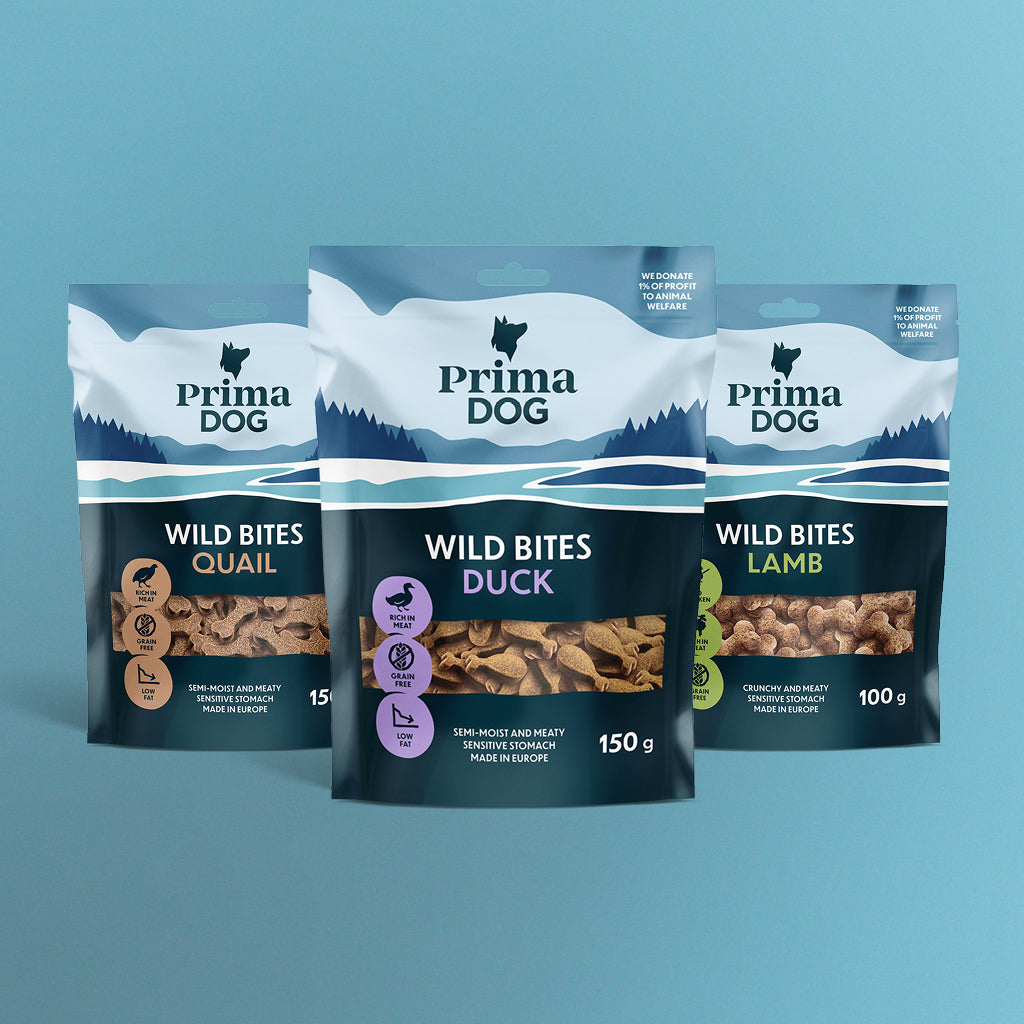 Kuvassa PrimaDogin Wild Bites herkkuja