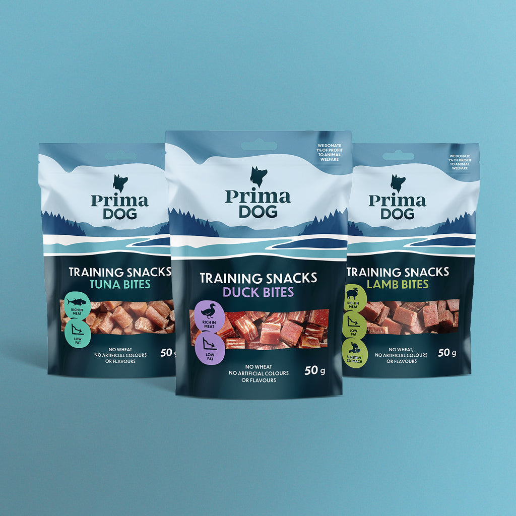Kuvassa PrimaDogin Training Snacks herkkuja