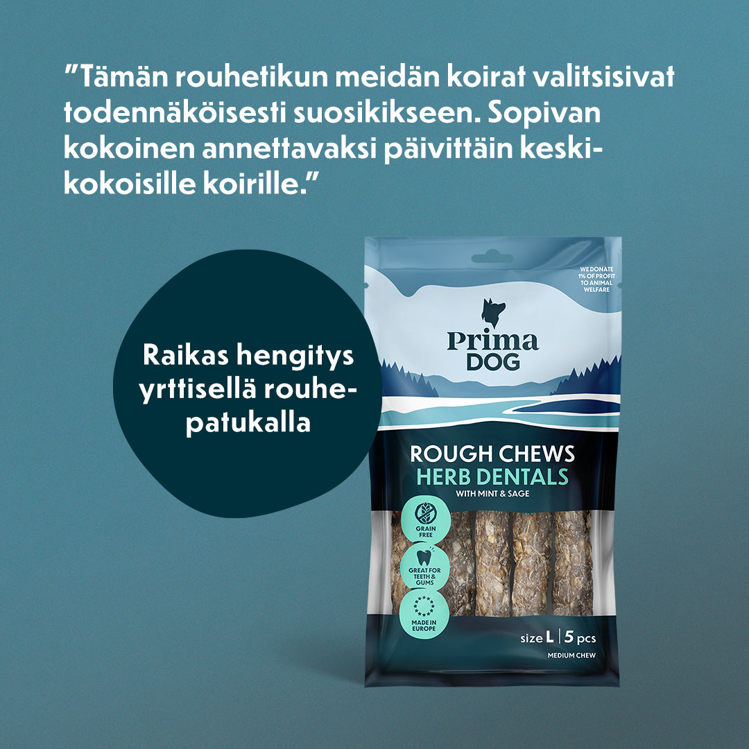 Asiakaspalaute kuvamuodossa: "Tämän rouhetikun meidän koirat valitsisivat todennäköisesti suosikikseen. Sopivan kokoinen annettavaksi päivittäin keskikokoisille koirille."