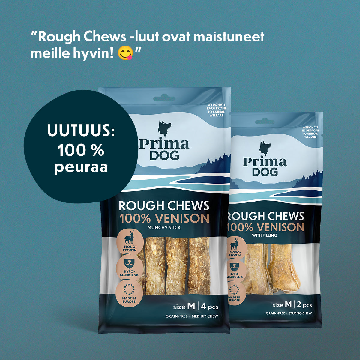 Asiakaspalaute kuvamuodossa: "Rough Chews -luut ovat maistuneet meille hyvin!"
