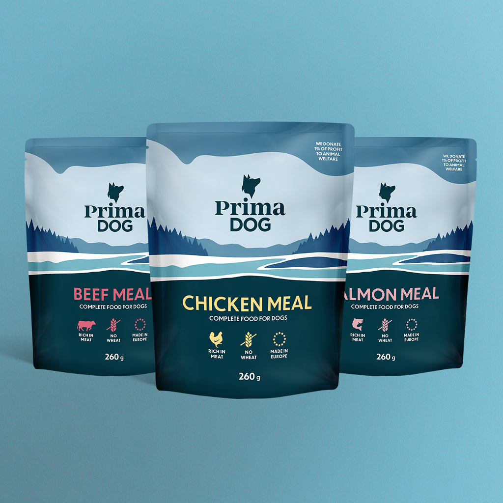 Kuvassa PrimaDogin vehnättömiä annosaterioita