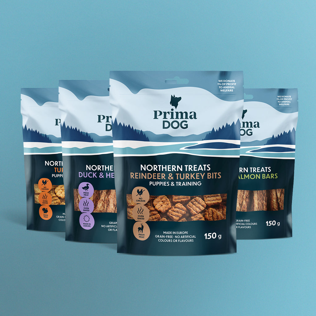 Kuvassa PrimaDogin Northern Treats herkkuja