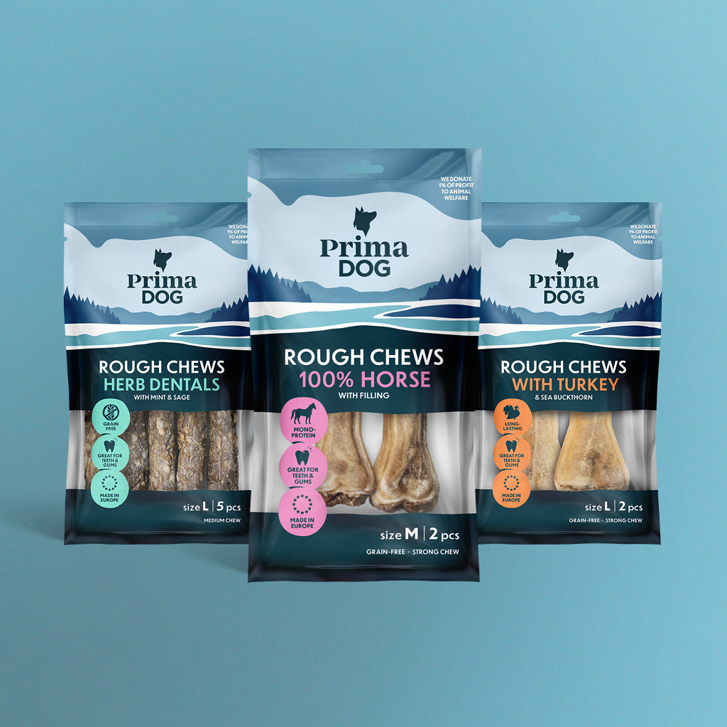 Kuvassa PrimaDogin Rouch Chews puruluita