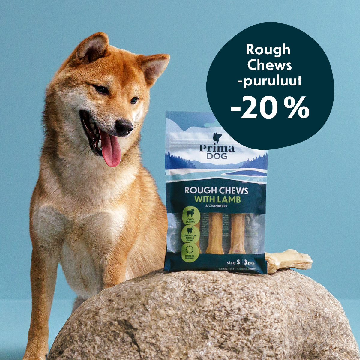 Kuvituskuvassa shiba-koira haaveilee puruluista. Kaikki Rough Chews -puruluut -20 %. 