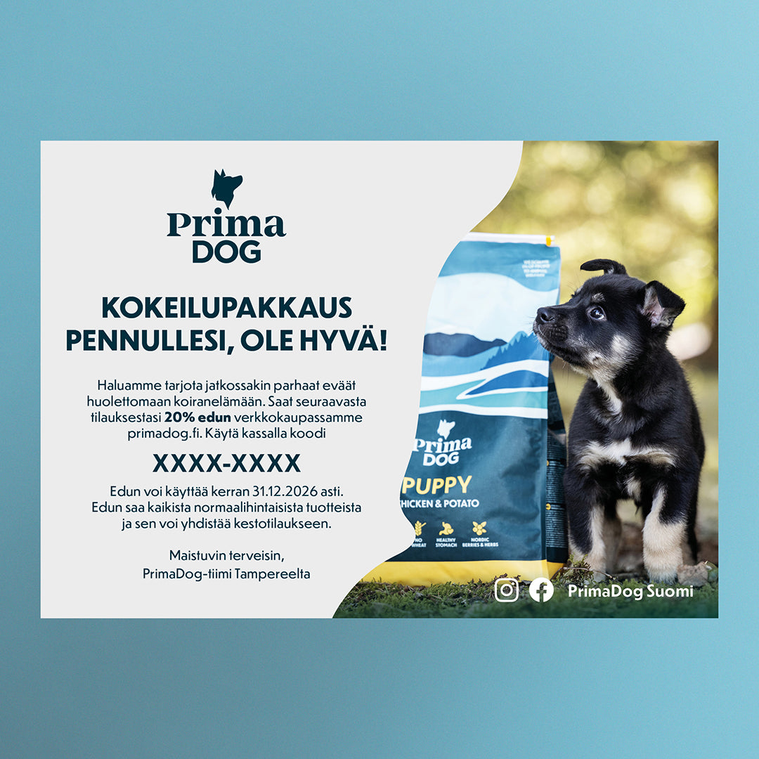 Kuvituskuva flyerista, jonka kokeilupakkaus pennulle sisältää. 