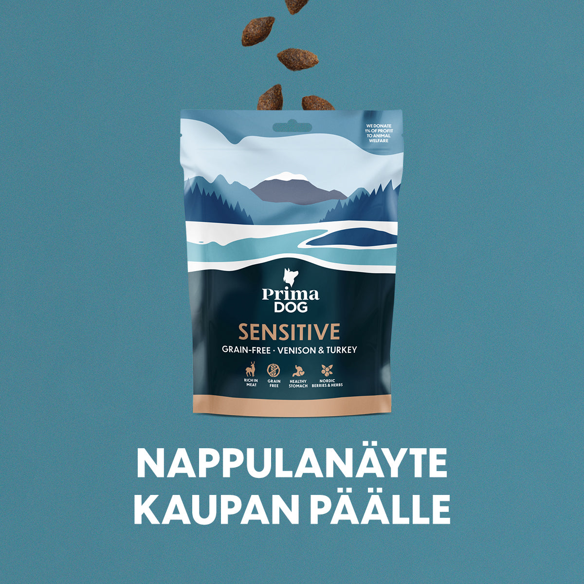 Kuvituskuva, jossa näytepussi Peura & Kalkkuna -kuivaruuasta ja teksti Nappulanäyte kaupan päälle.